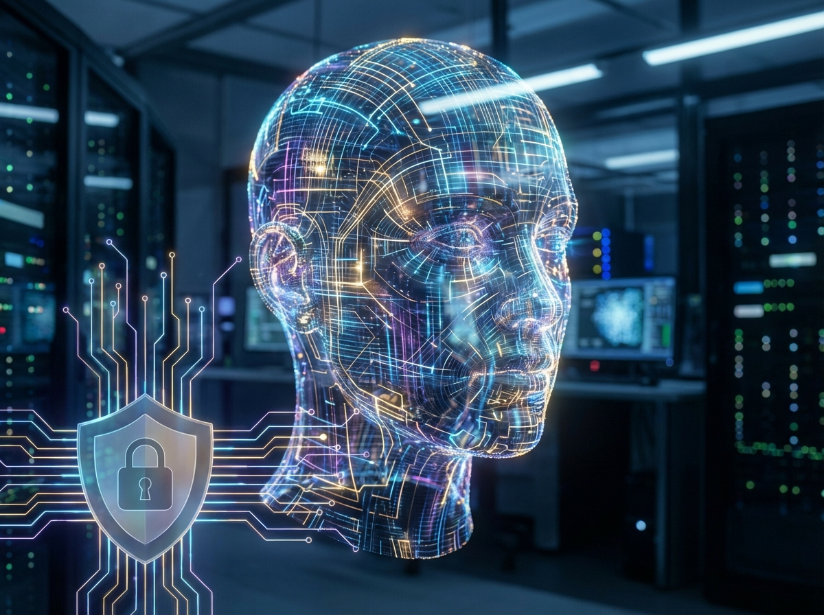 A high-tech AI visualization showing a digital human face being constructed by glowing circuits, with a subtle shield icon representing security and regulation, cinematic lighting, 4:3 aspect ratio, no text.