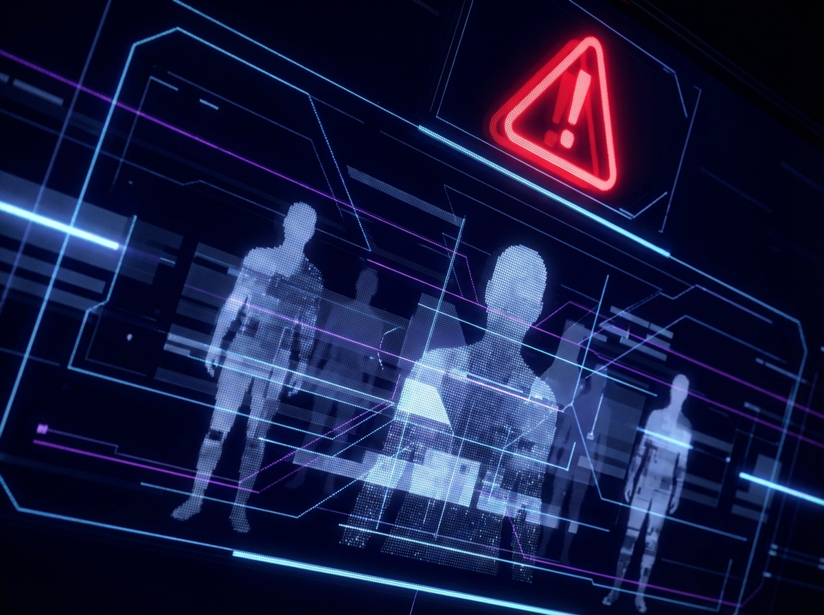 A futuristic AI chatbot interface displaying blurred human figures to represent image filtering, with a glowing red warning sign, high contrast, 4:3, no text
