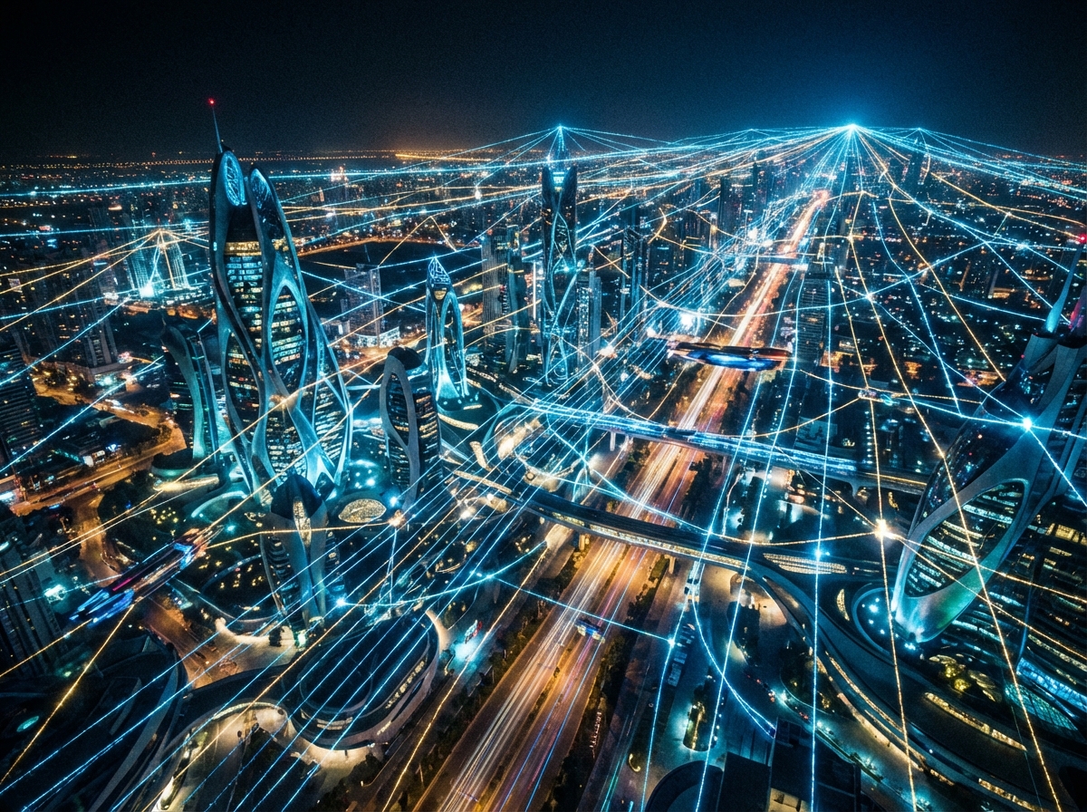 A wide view of a futuristic city connected by glowing lines of data, representing a global network, cinematic lighting, detailed composition, vibrant blue and gold colors, 4:3 aspect ratio, no text.