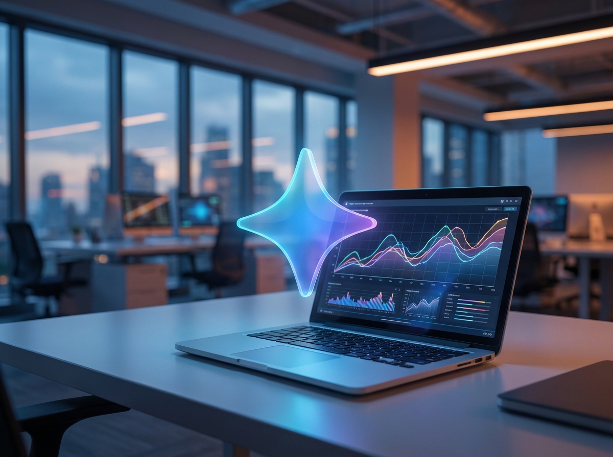 A futuristic digital workspace showing a glowing Google Gemini AI icon floating above a sleek laptop with colorful data trend lines and graphs on the screen, cinematic lighting, modern office background, 4:3 aspect ratio, no text