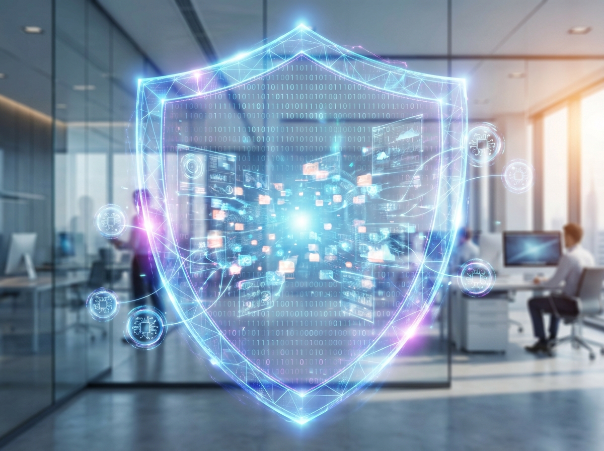A high-tech digital shield protecting complex data streams with glowing nodes representing AI agents, modern corporate office background, 4:3 aspect ratio, no text