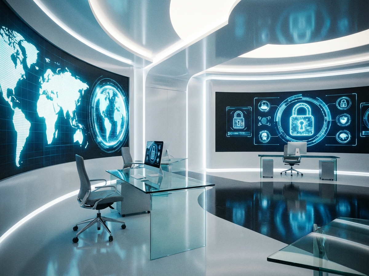 A futuristic office setting with screens showing global maps and digital security locks, professional and clean aesthetic, high contrast and bright lighting, 4:3 aspect ratio, no visible text