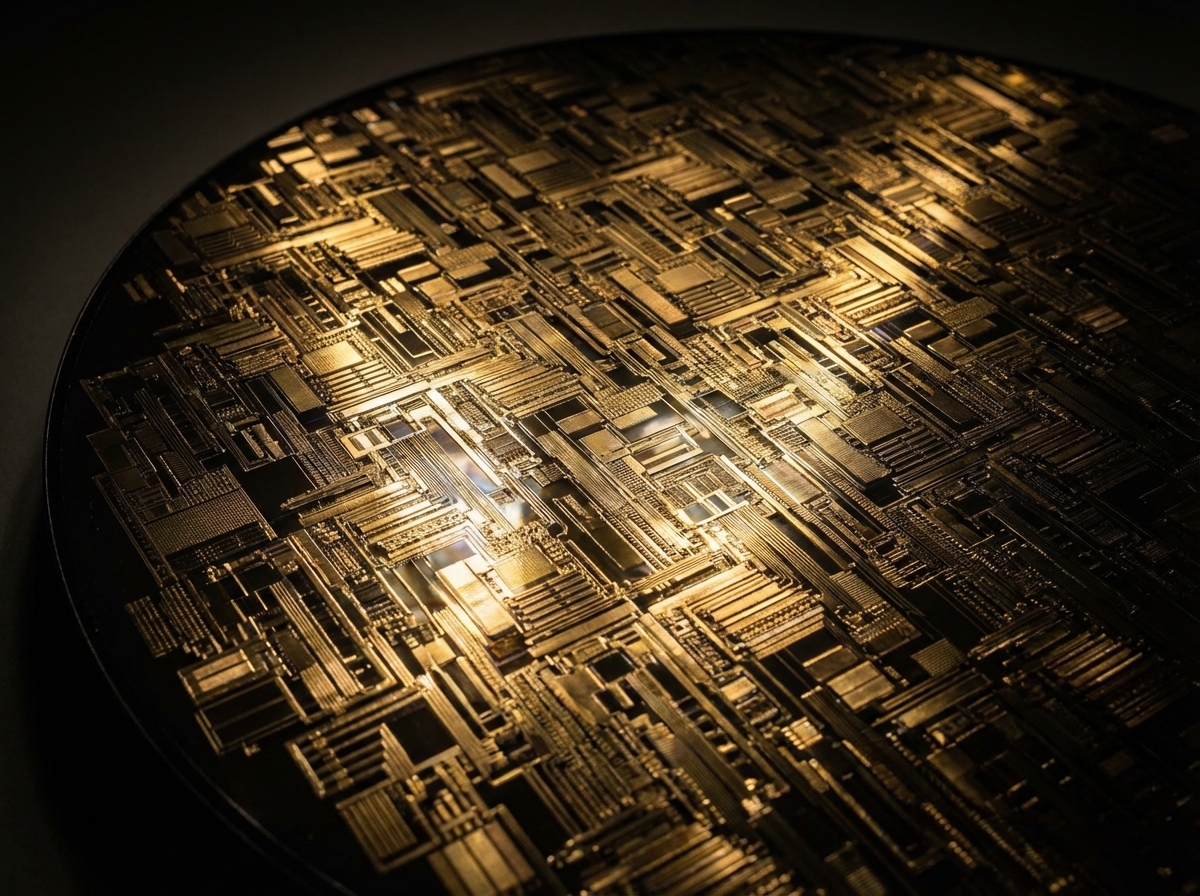 Close-up of a large silicon wafer for AI processing, intricate golden circuits, professional studio photography, high contrast, 4:3, no visible text