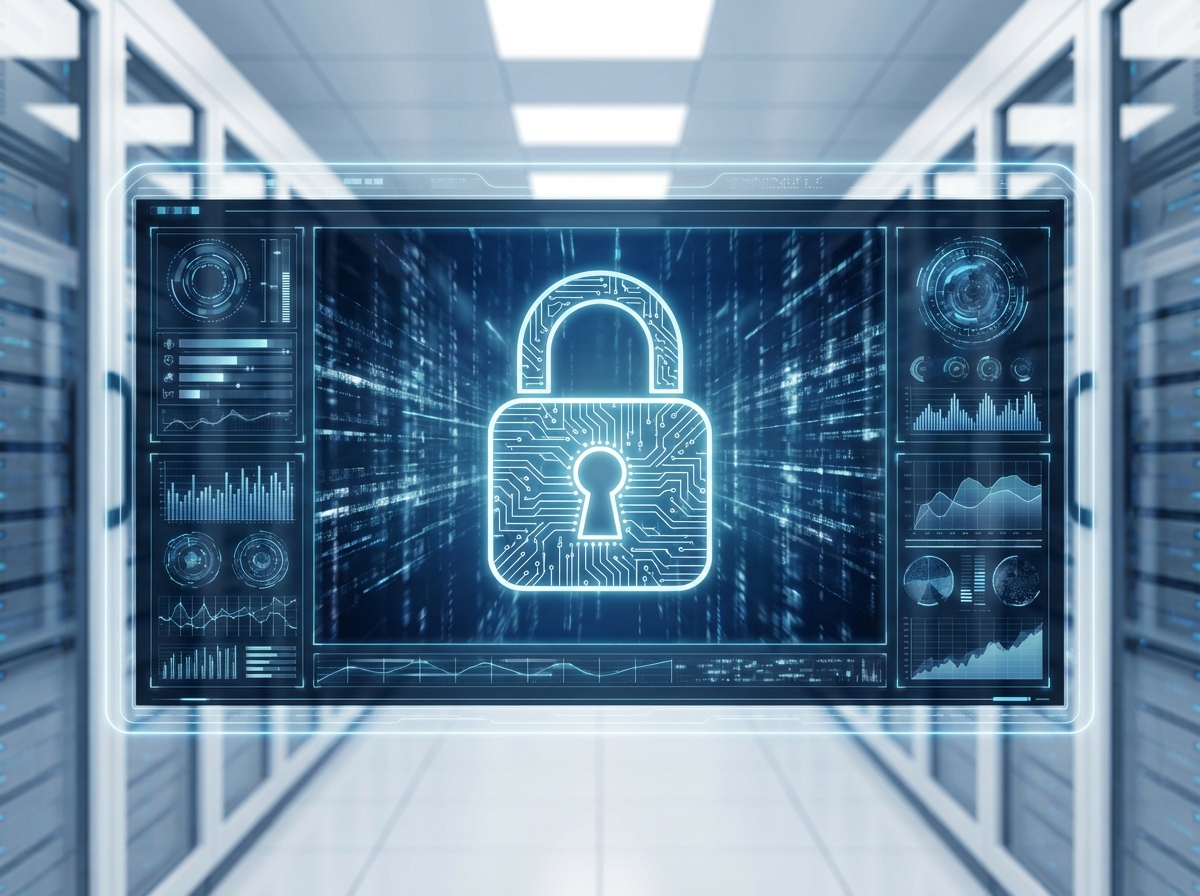 A high-tech digital interface of an AI image generator with a prominent lock icon, symbolizing security and policy enforcement, clean blue and white tones, 4:3 aspect ratio, no visible text