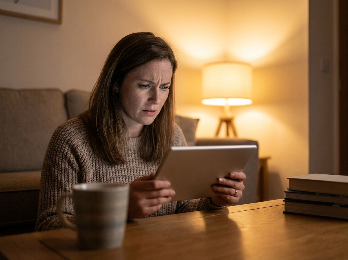 A person looking at a tablet screen with a concerned expression, soft indoor lighting, modern lifestyle photography, 4:3 aspect ratio, no visible text