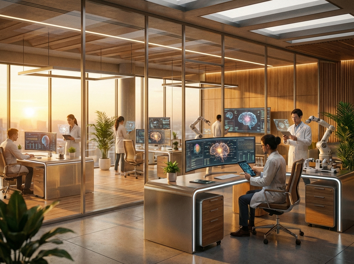A futuristic and modern AI research laboratory office interior with glass walls and advanced computer workstations, warm sunset lighting coming through windows, professional and high-tech atmosphere, 4:3 aspect ratio, no text