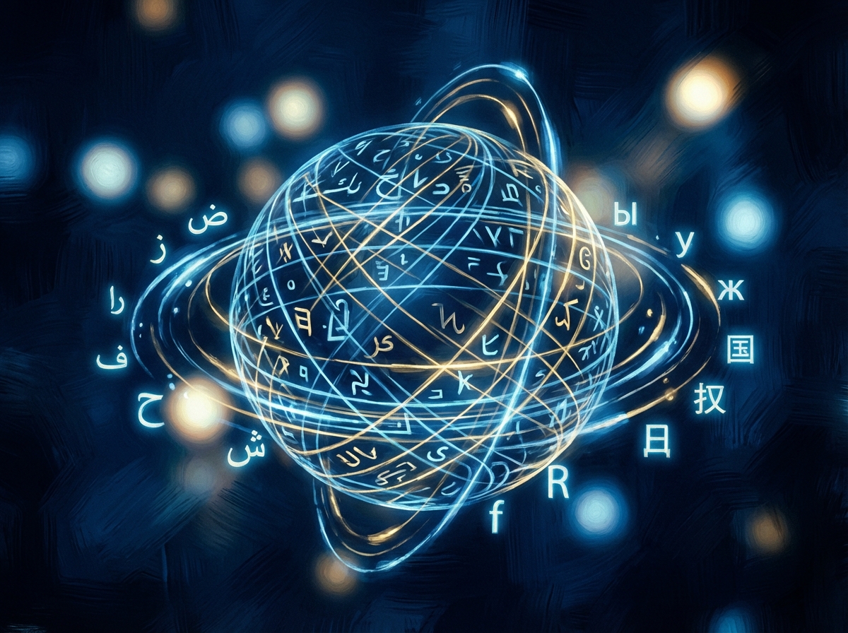 Conceptual digital globe with glowing connection lines and floating language symbols, dark blue background with bokeh lights, artistic rendering, textured feel, high contrast, 4:3, no text