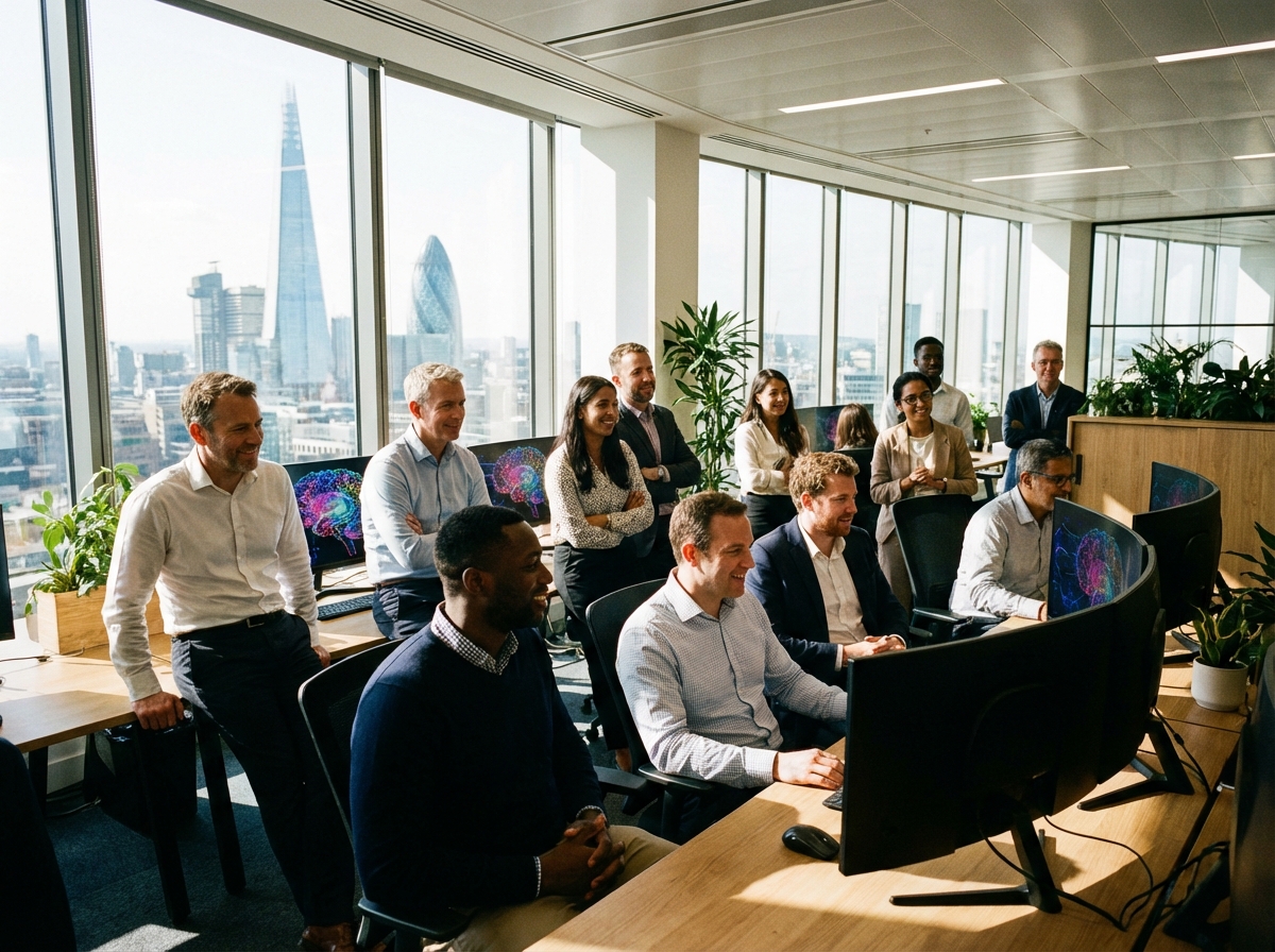 Diverse group of office workers in a modern London office attending an AI training workshop, looking at screens with abstract neural network graphics, focused and optimistic atmosphere, high contrast, clean layout, 4:3 aspect ratio, no text.