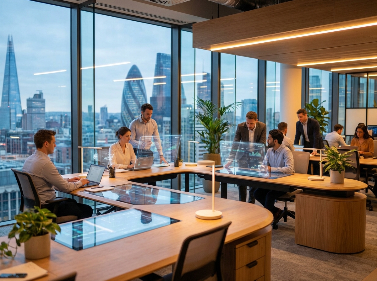 Futuristic office interior in London with glass walls showing the city skyline, subtle holographic displays integrated with workstations, collaborative professional environment, warm lighting, realistic style, 4:3 aspect ratio, no text.