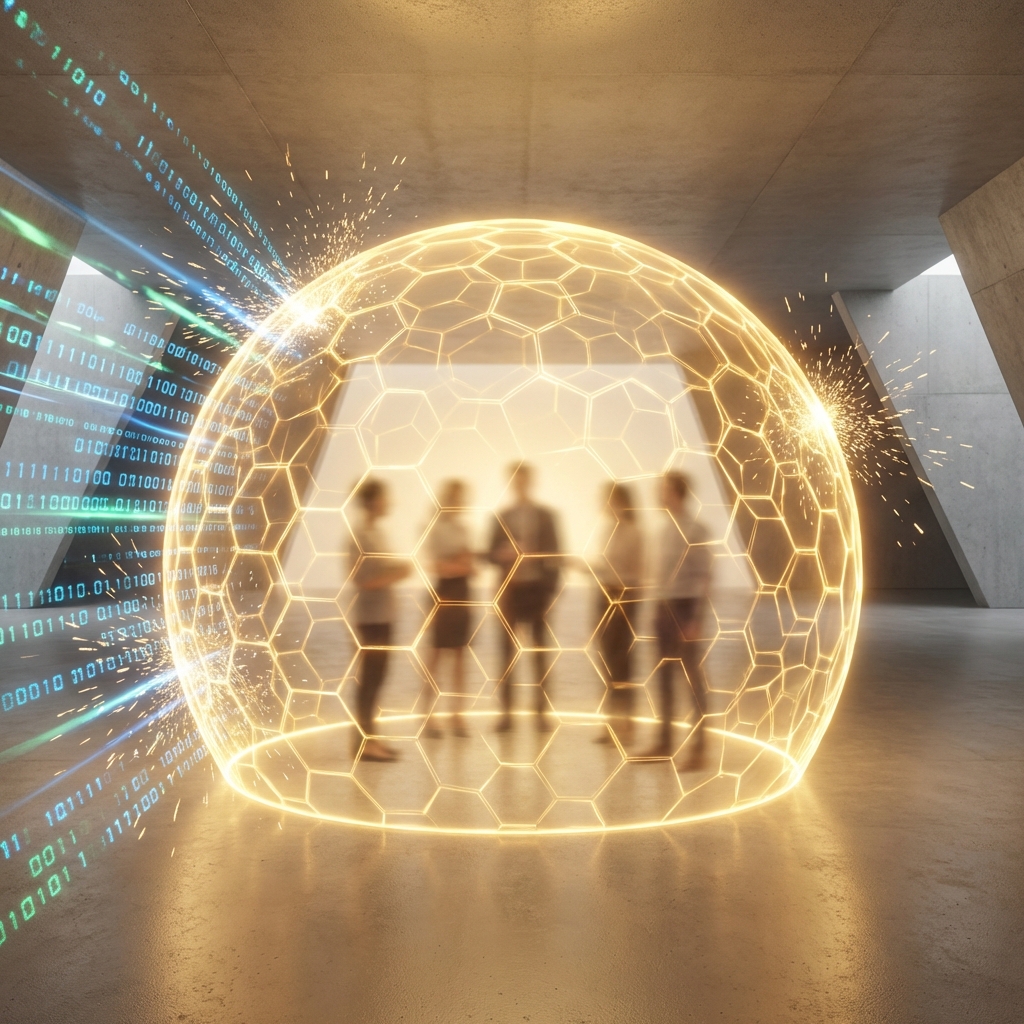 A futuristic digital shield protecting human silhouettes from chaotic binary data streams, warm golden lighting, clean modern aesthetic, 1:1 aspect ratio, no visible text