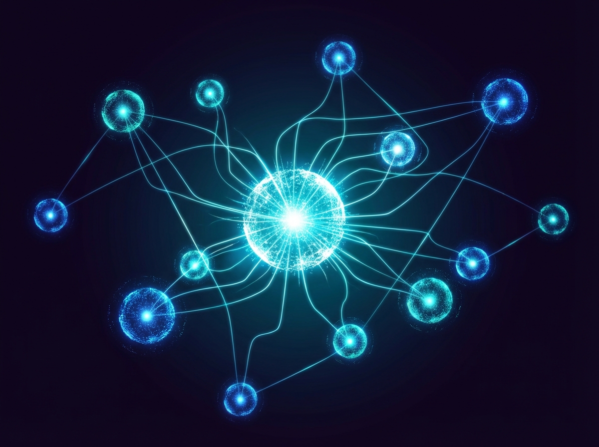 An abstract visualization of a central bright core monitoring multiple smaller digital orbs, deep blue and teal color palette, high contrast layout, 4:3 aspect ratio, no visible text