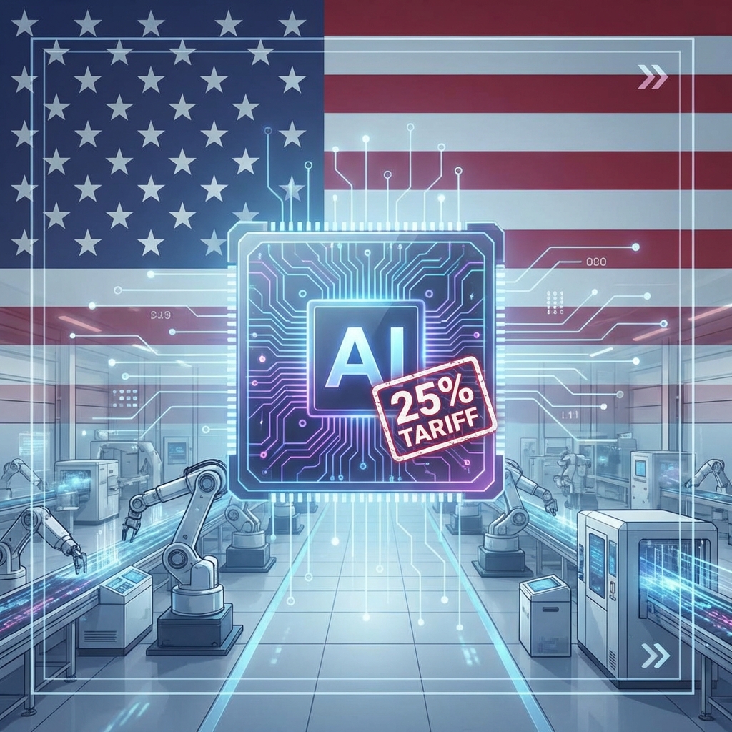 A futuristic AI semiconductor chip labeled with a 25% tariff stamp, set against a backdrop of the US flag and a high-tech manufacturing facility, clean infographic style, modern layout, high contrast, 1:1