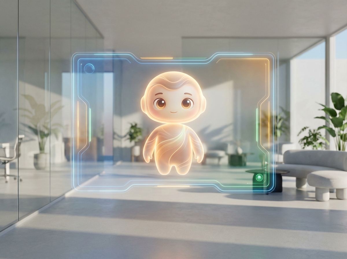 A futuristic AI customer service interface with a friendly digital avatar glowing softly. The background is a clean and modern tech office setting. High-quality 3D render, 4:3 aspect ratio, no visible text.