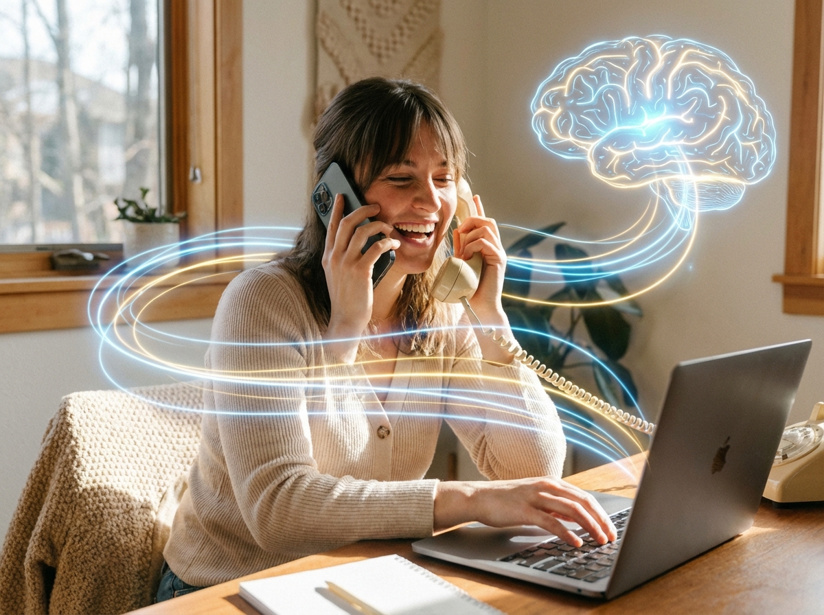 A person using a smartphone, a laptop, and a telephone simultaneously, all connected by glowing digital lines symbolizing a unified AI service experience. High-quality lifestyle photography, warm lighting. 4:3 aspect ratio, no text.