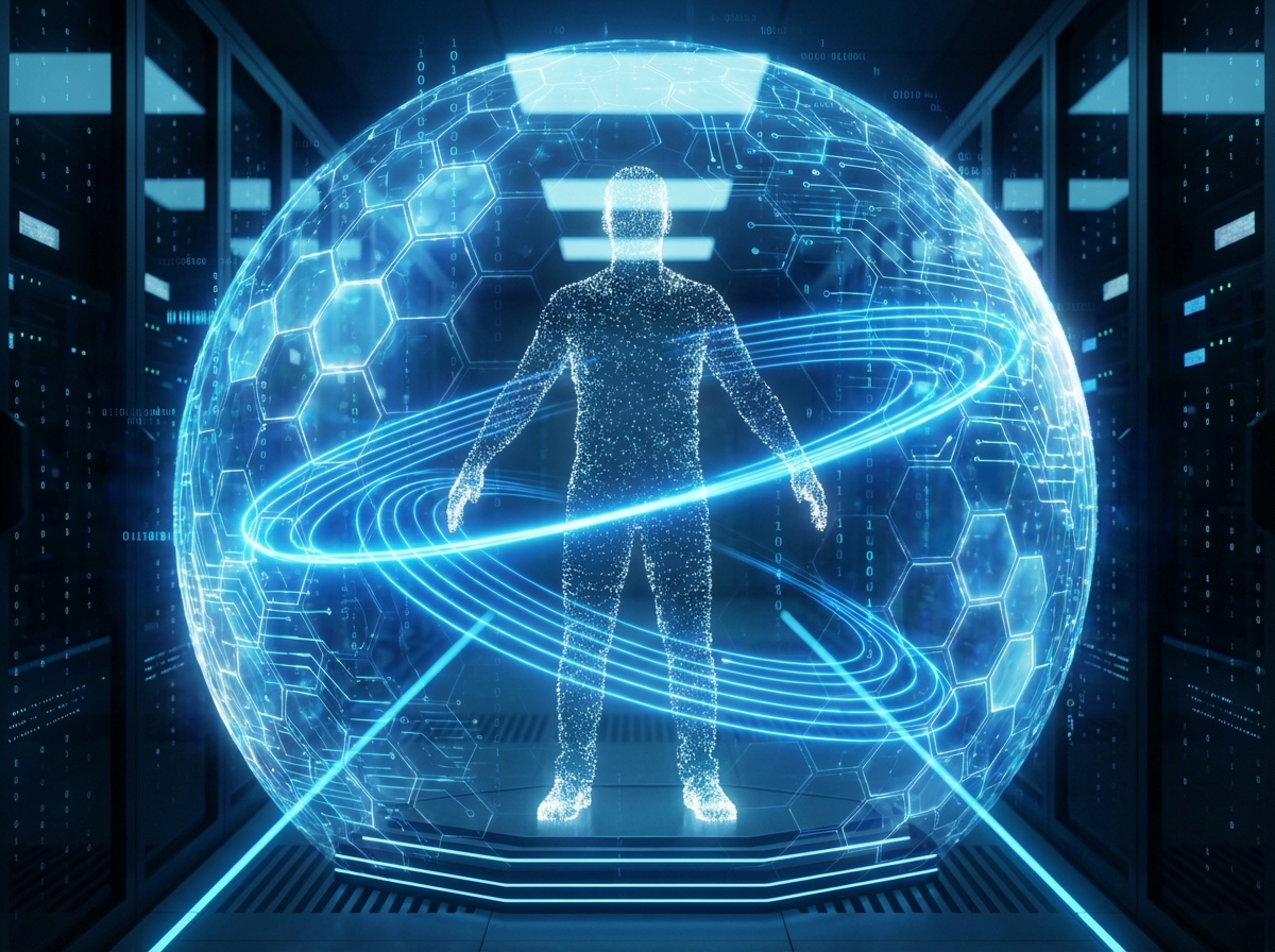 A digital silhouette of a male actor being scanned by blue laser lines, with a translucent protective shield around him, representing AI protection and digital rights, modern and futuristic atmosphere, 4:3 aspect ratio, no text.