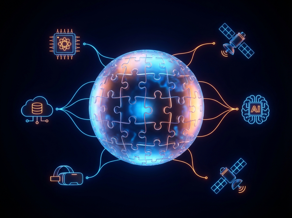 A creative 3D illustration of a glowing puzzle-piece globe representing Wikipedia connected by neural network lines to various futuristic tech icons, modern high contrast style, aspect ratio 4:3, no visible text