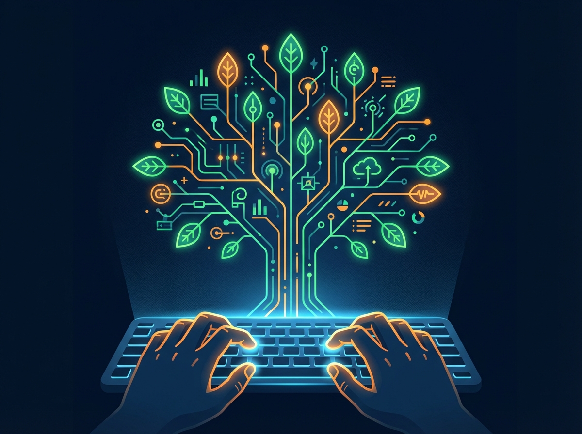 A clean infographic style image showing human hands typing on a glowing keyboard that generates a tree of knowledge with digital leaves, high contrast, aspect ratio 4:3, no visible text