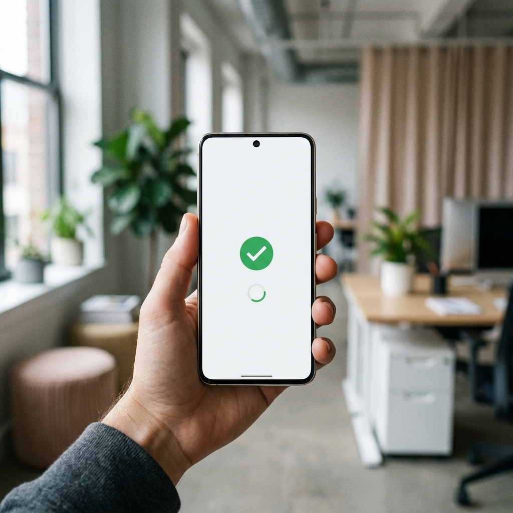 Lifestyle photography of a hand holding a high-end smartphone displaying a clean AI application interface. The screen shows a safe content generation process with a green checkmark icon. Natural indoor lighting, blurred office background, professional setting, 1:1 aspect ratio, no text.