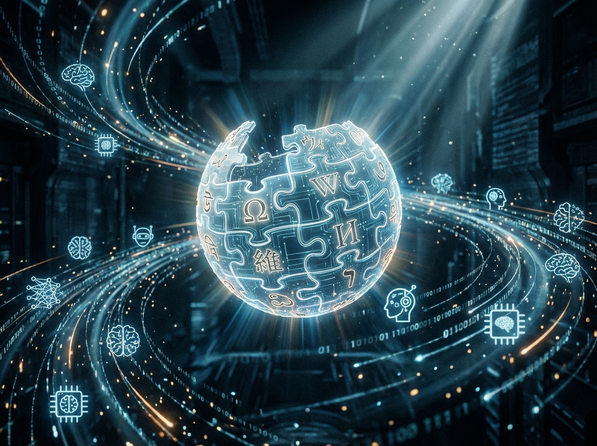 A futuristic 3D visualization of the Wikipedia globe logo surrounded by flowing digital data streams and artificial intelligence icons, 4:3, cinematic lighting, no text