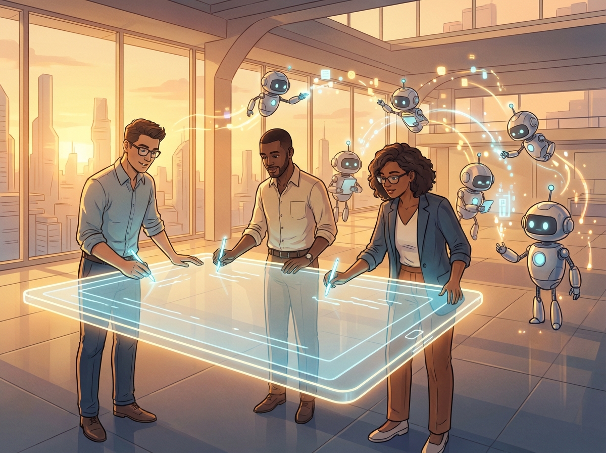 A conceptual illustration showing a group of human editors writing on a large digital screen while AI bots collect the data in the background, warm professional lighting, 4:3, no text
