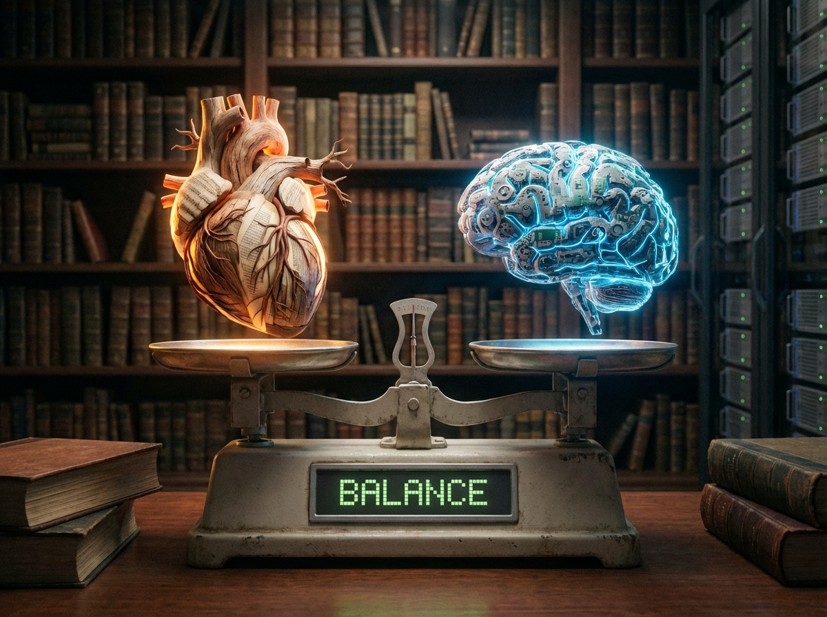 A symbolic digital scale balancing a human heart and a mechanical brain, representing human-curated knowledge versus AI processing, 4:3, no text