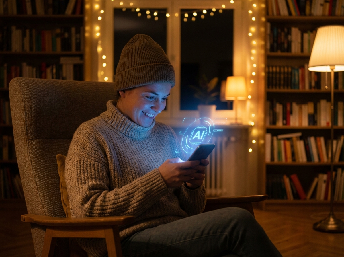 A modern person sitting in a cozy room at night, talking to a glowing blue AI interface on a smartphone screen, warm ambient lighting, lifestyle photography, 4:3, no text