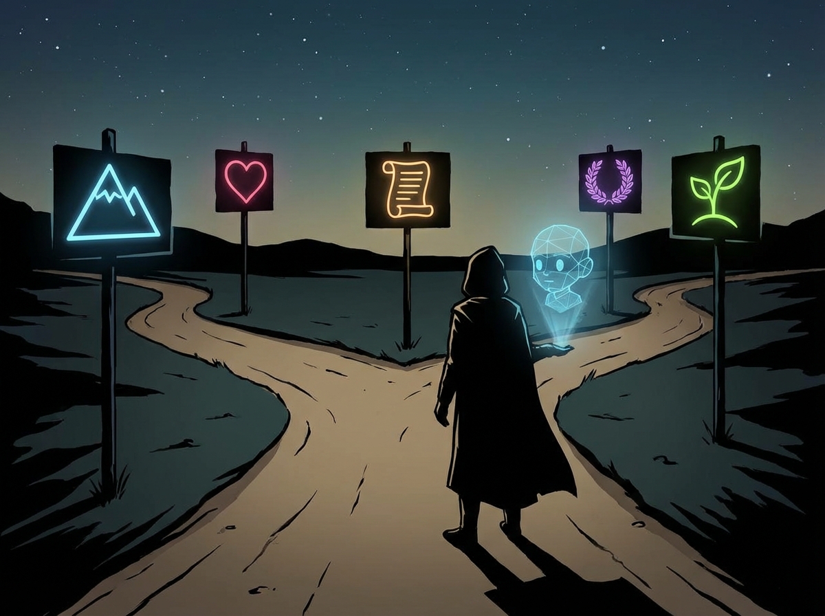 A person standing at a crossroad with various glowing signs showing different life goals, a subtle AI hologram hovering nearby, conceptual illustration, high contrast, 4:3, no text