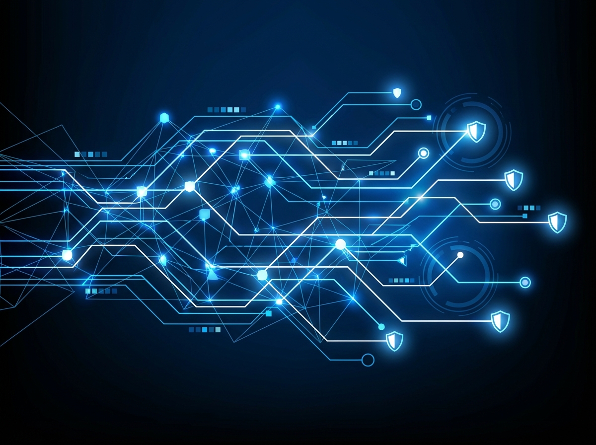 A modern and clean digital network visualization representing AI safety and neural networks with glowing blue and white lines on a dark gradient background, high contrast, 4:3, no text