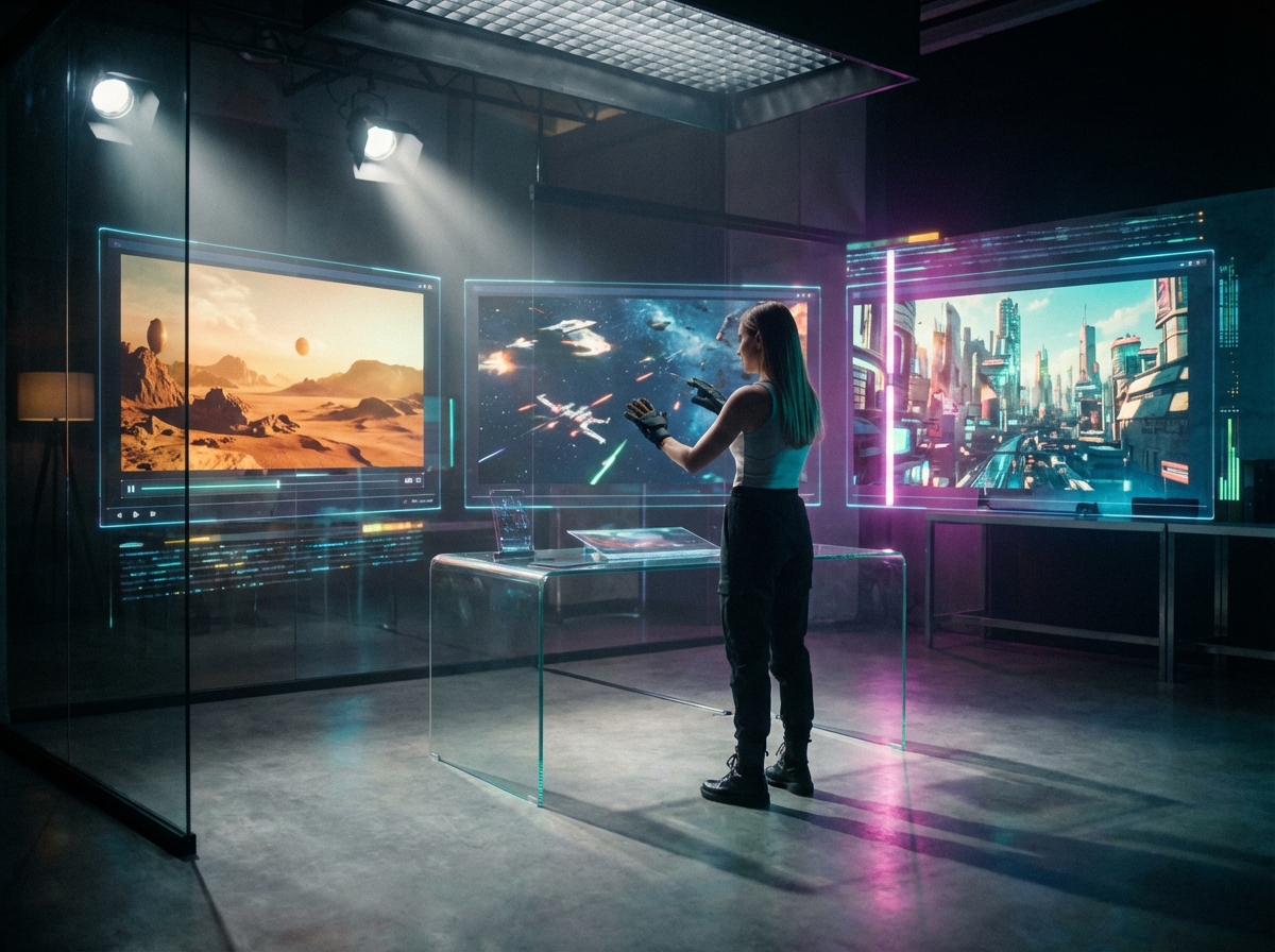 A futuristic high-tech workspace showing a digital creator editing cinematic video clips on multiple floating holographic screens, vibrant colors, professional studio lighting, 4:3 aspect ratio, no visible text