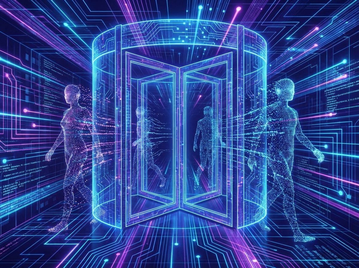 An abstract illustration of a revolving door made of glowing digital circuits, with human figures composed of data points passing through, vibrant blue and purple color palette, professional and technological atmosphere, 4:3 aspect ratio, no text.
