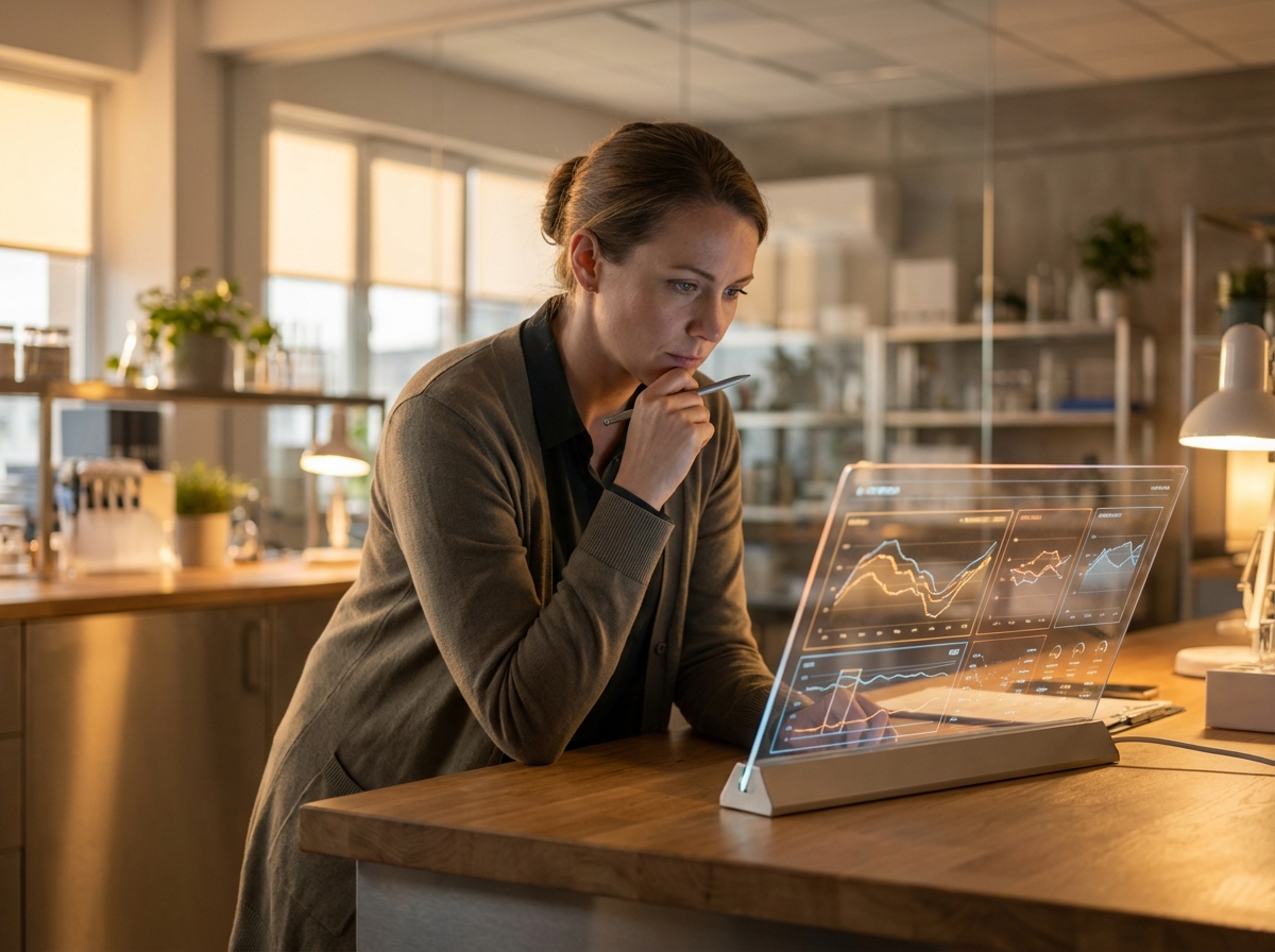 A detailed composition of a female researcher looking at complex neural network visualizations on a transparent screen, warm ambient lighting in a sleek laboratory, focus on thoughtful expression, realistic style, 4:3 aspect ratio, no text.