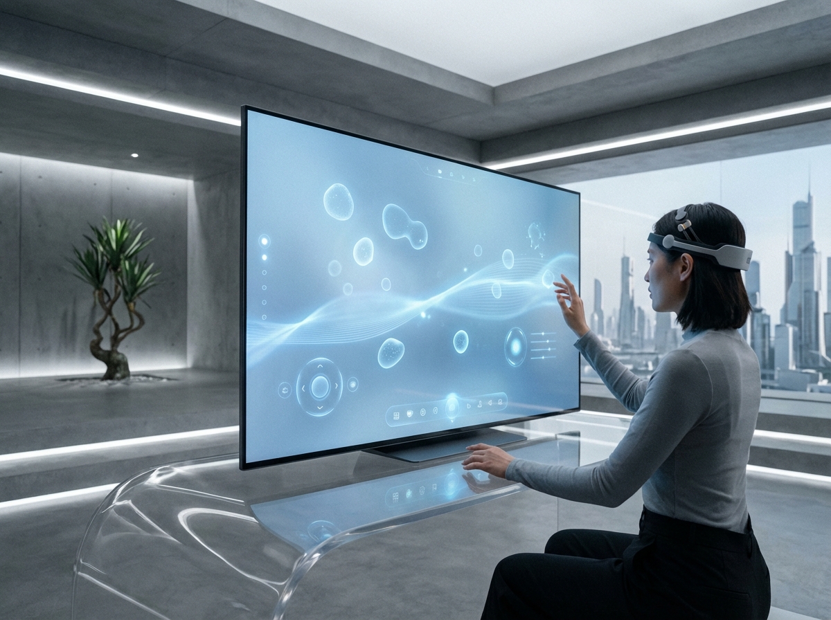 A futuristic workstation with a minimalist OS interface controlled by AI, clean layout, soft blue glow, high-end professional photography style, 4:3 aspect ratio, no text.