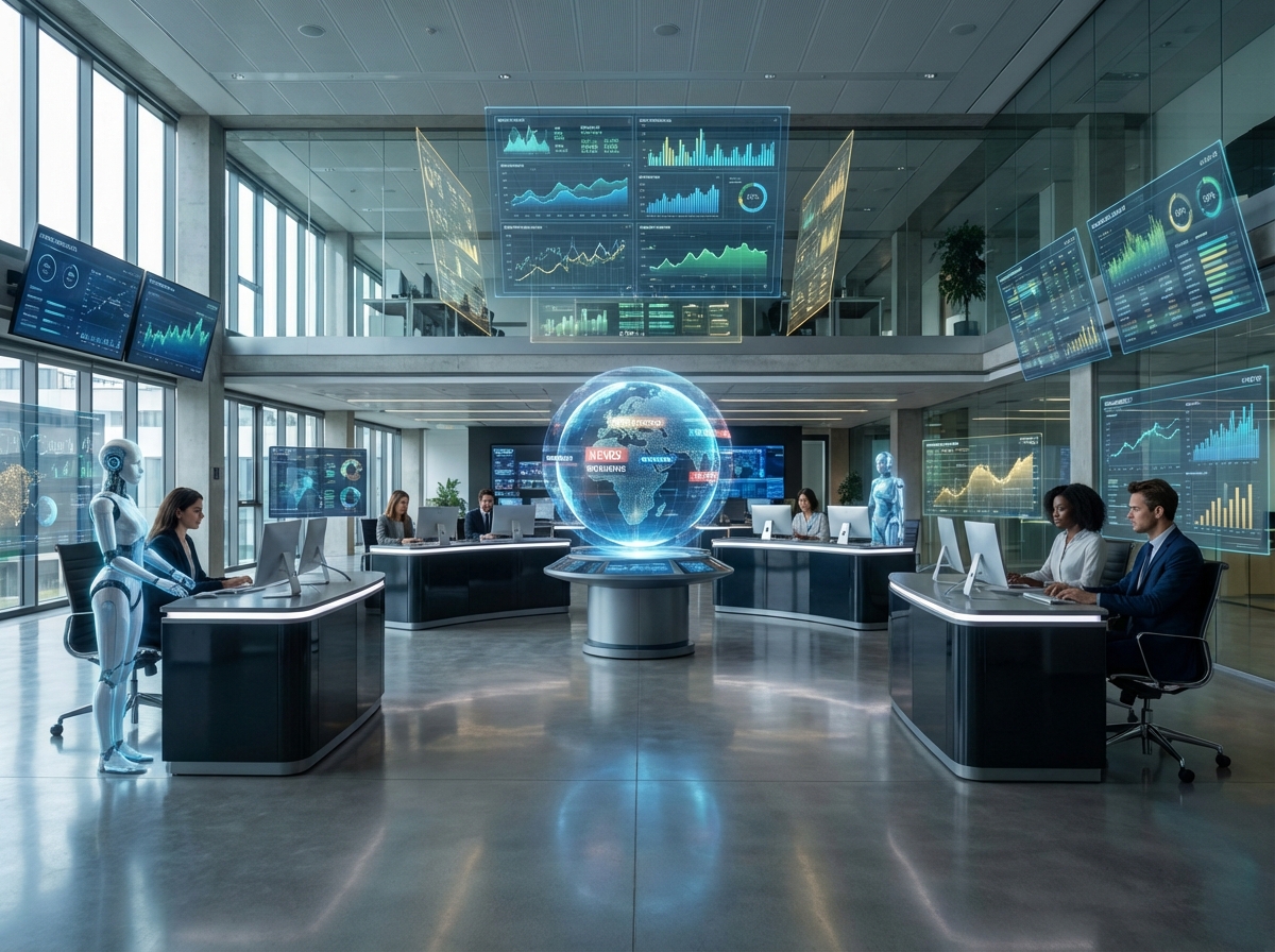 A modern high-tech newsroom interior where human journalists are working alongside holograms and digital screens showing AI data analysis. Bright and professional atmosphere, cinematic lighting, 4:3 aspect ratio, no text.