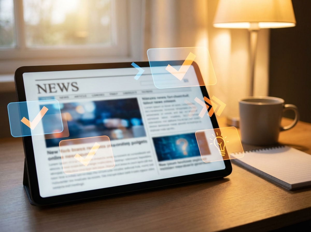 Close-up of a digital tablet showing a news article with AI-powered suggestions for fact-checking and headline optimization. Warm lifestyle lighting, natural office setting, 4:3 aspect ratio, no text.