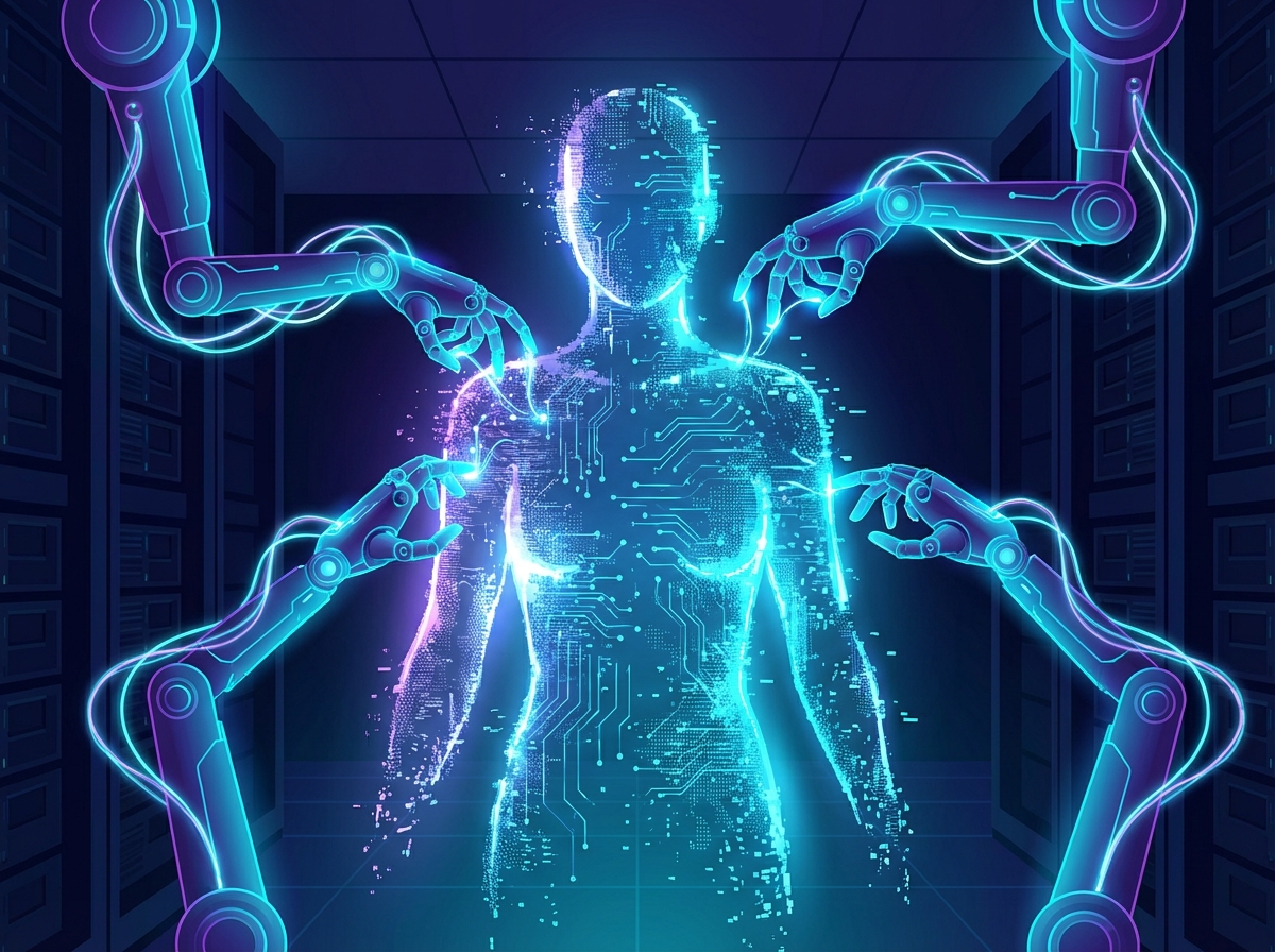 A futuristic digital illustration showing a glowing human silhouette being manipulated by robotic hands, representing AI deepfake creation, dark blue and purple neon color palette, 4:3 aspect ratio, no visible text