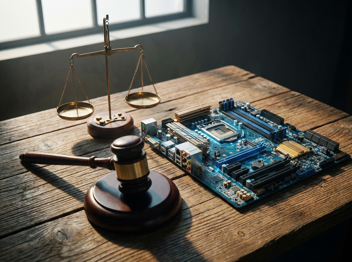 A professional photograph of a wooden gavel and the scales of justice placed next to a modern computer motherboard with glowing circuits, cinematic lighting, 4:3 aspect ratio, no visible text