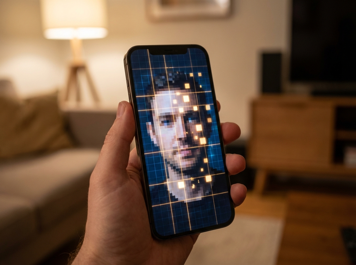 A close up shot of a hand holding a high-end smartphone, screen showing a blurred face being reconstructed by digital pixels and grid lines, warm indoor lighting, 4:3 aspect ratio, no visible text