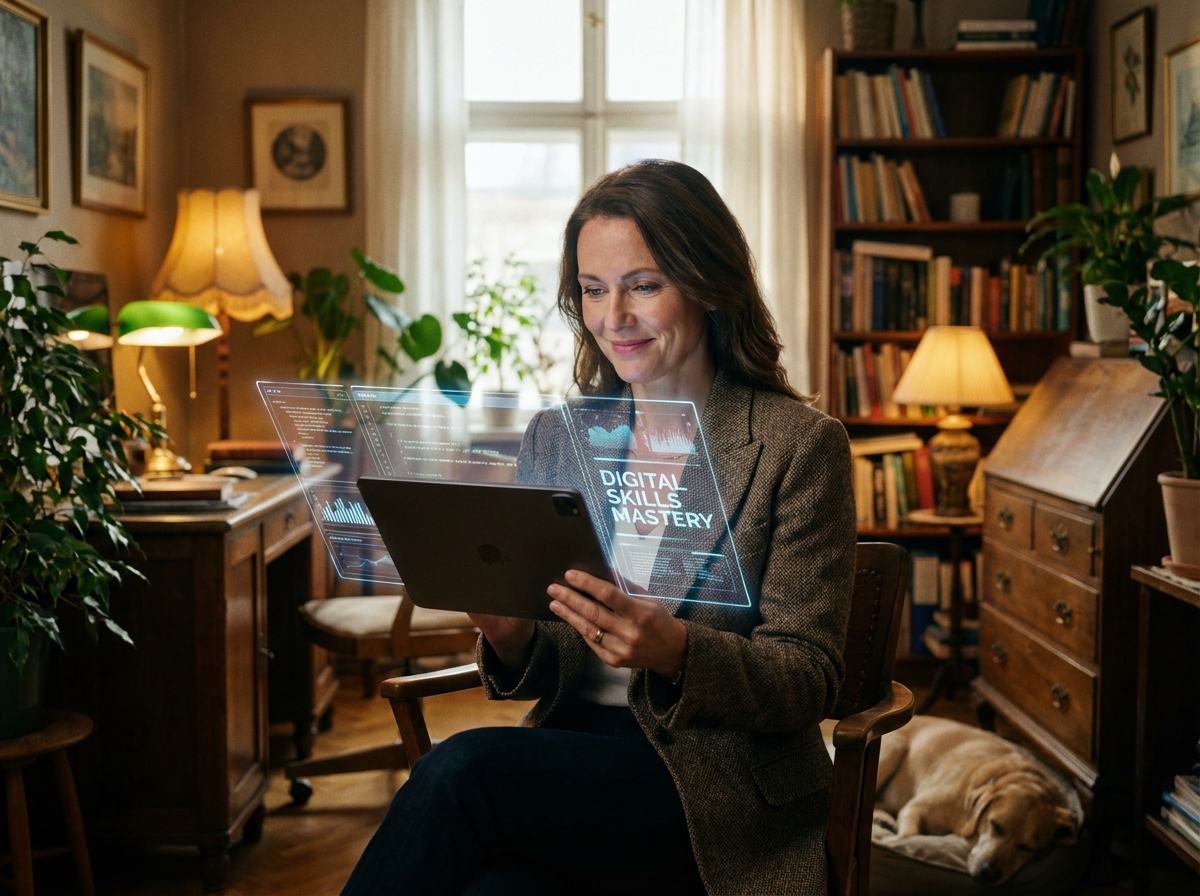 A professional person using a tablet with glowing AI interface overlays, learning new digital skills in a warm office setting, 4:3