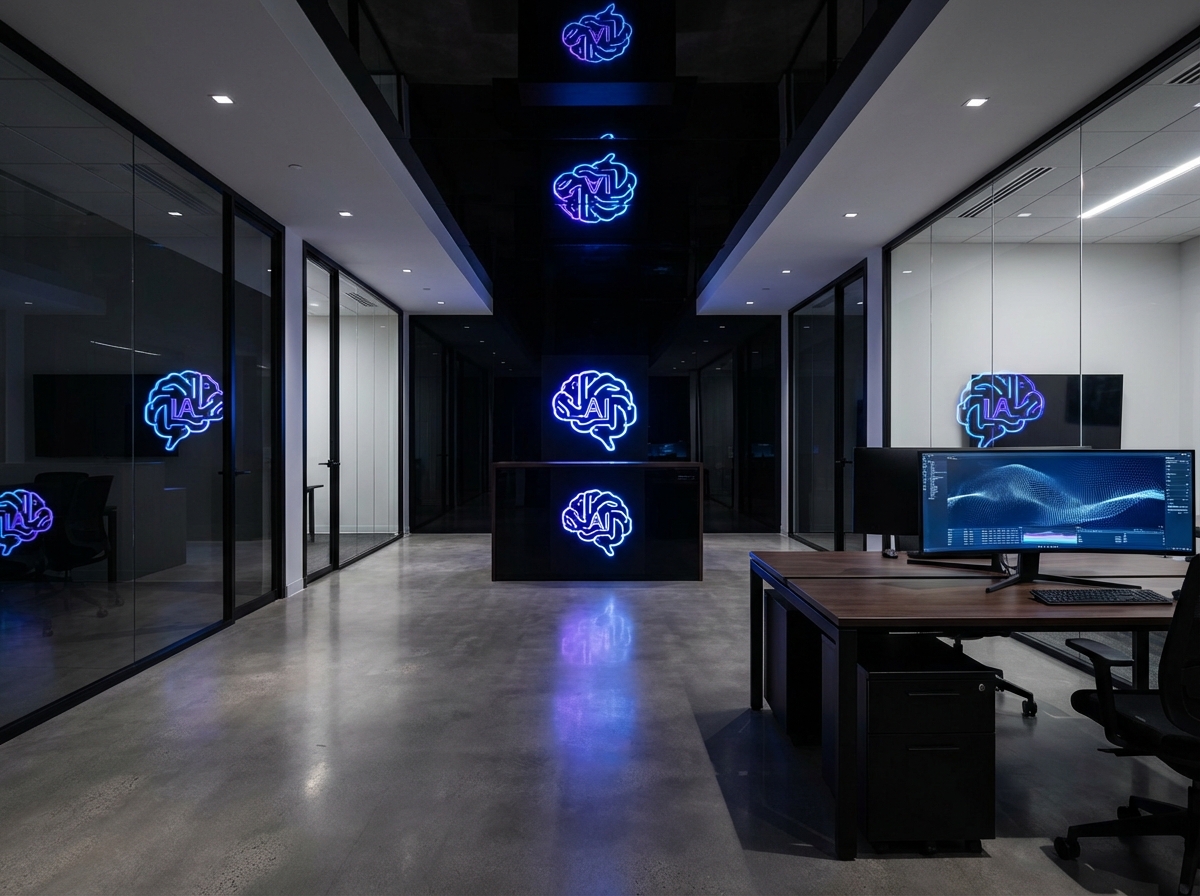 Modern high-tech office interior with abstract glowing artificial intelligence symbols, minimalist design, high contrast, 4:3 aspect ratio, no text