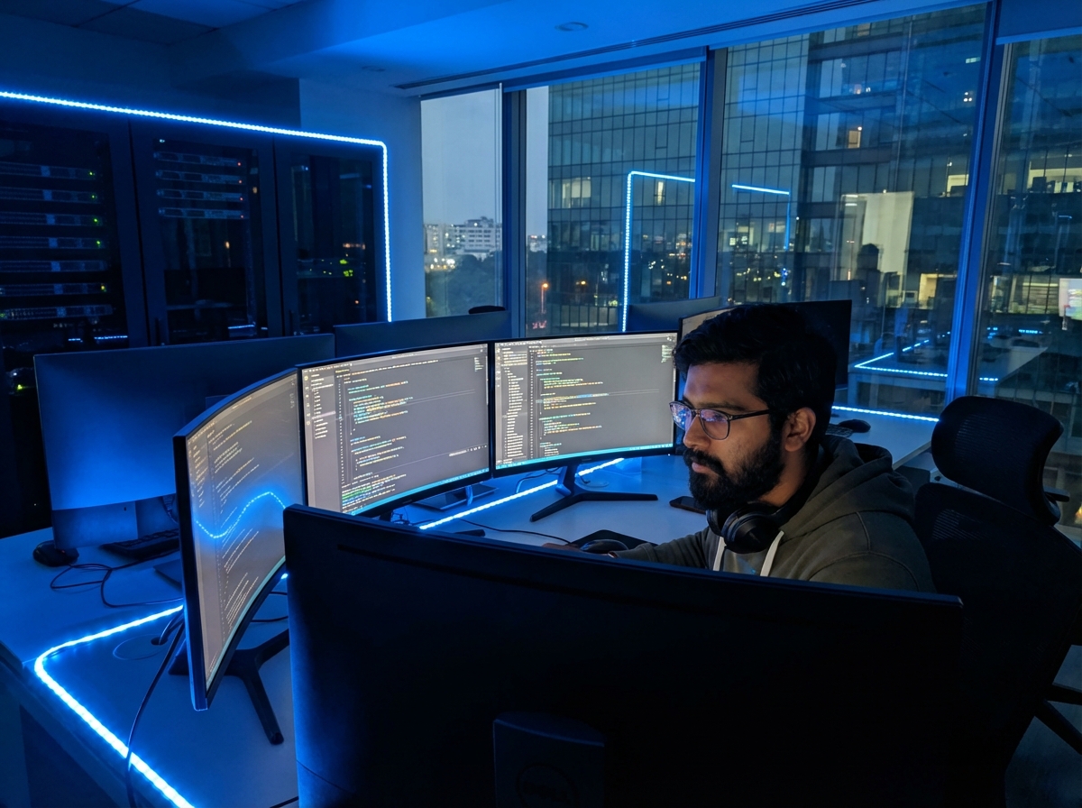A focused Indian software developer working in a modern, high-tech office in Bengaluru. Multiple monitors showing complex code, glowing blue ambient light, realistic cinematic lighting, 4:3 aspect ratio, no text.