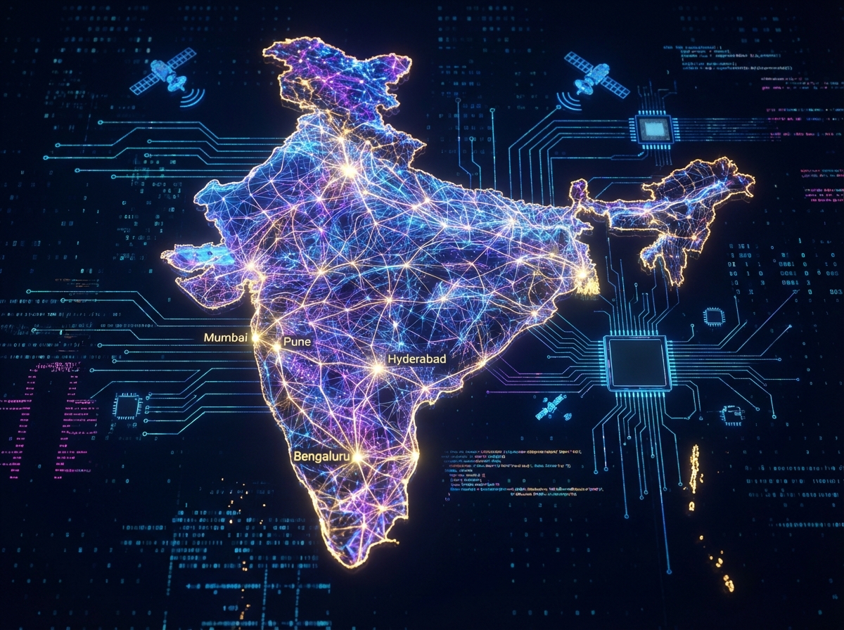A conceptual illustration of a digital map of India glowing with neural network connections. Symbols of advanced technology and data flow radiating from tech hubs. Vibrant colors, artistic 3D rendering, 4:3 aspect ratio, no text.
