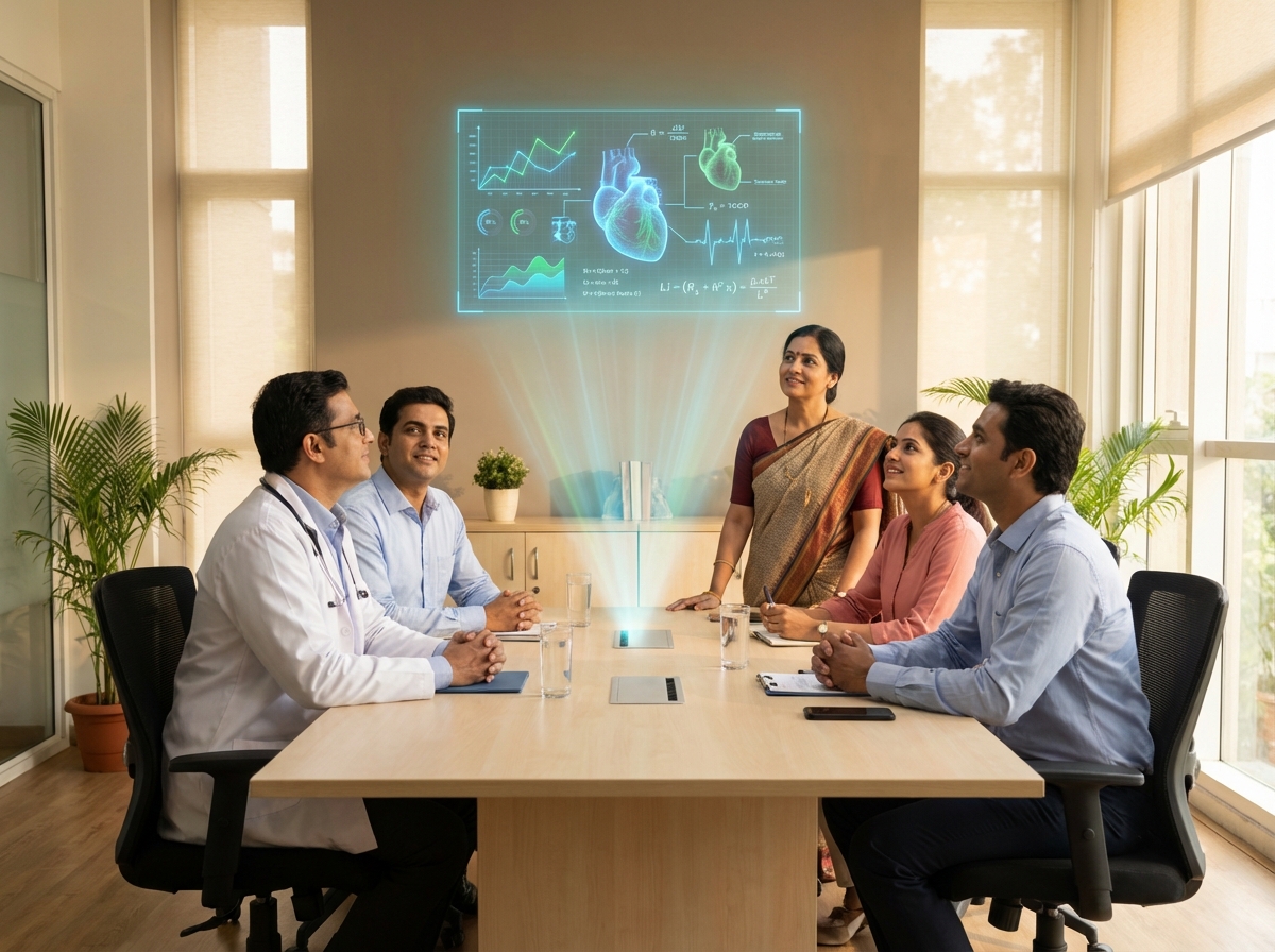 A diverse group of Indian professionals in a meeting room, including a doctor and a teacher, looking at a holographic AI interface displaying educational and medical data. Warm and professional atmosphere, detailed composition, 4:3 aspect ratio, no text.