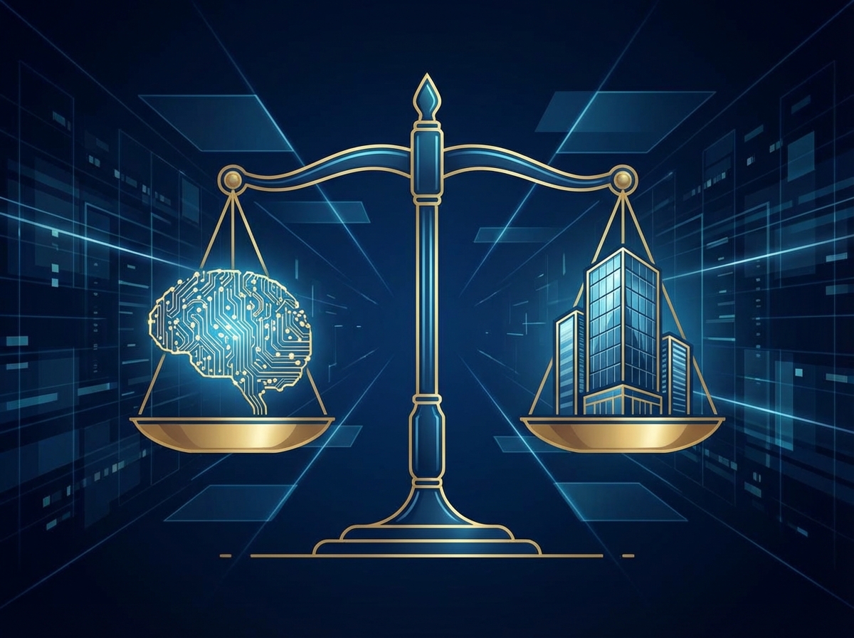 A professional and modern illustration representing a legal dispute between technology giants. A symbolic scales of justice with a digital brain on one side and a corporate building on the other. High contrast, sleek blue and gold color palette, 4:3 aspect ratio, no visible text.