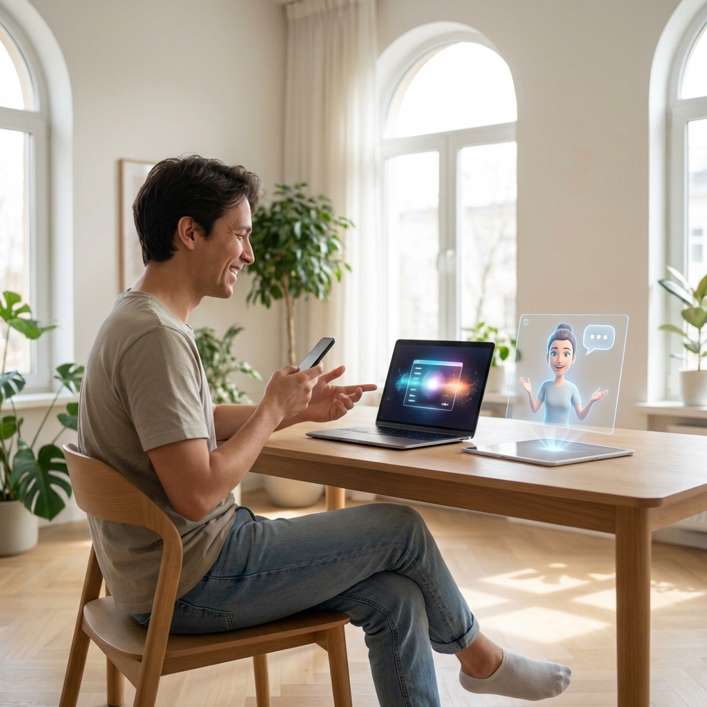 A friendly non-developer person using a laptop and a smartphone, talking to a friendly AI assistant interface to build a custom application, futuristic and clean home office environment, soft daylight, high quality digital photography, aspect ratio 1:1, no visible text