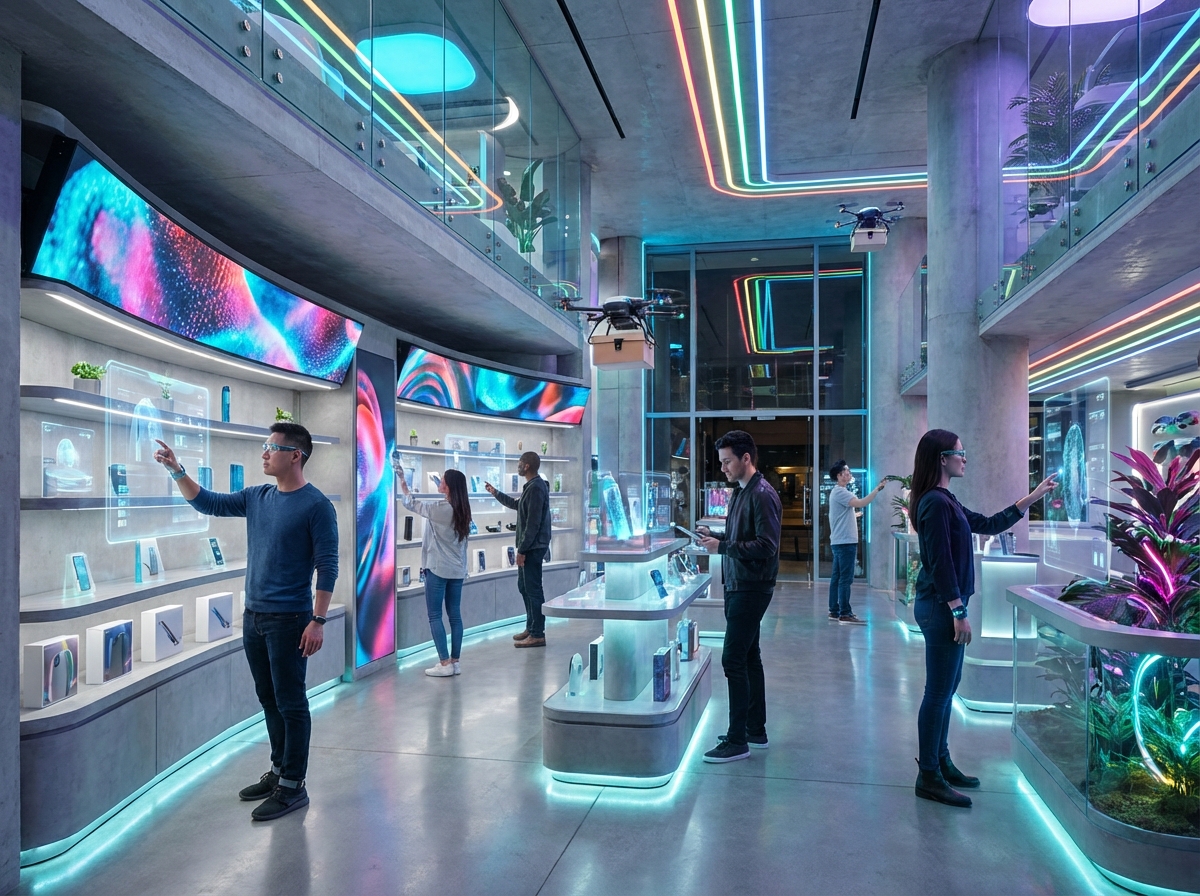 A futuristic retail store interior with holographic displays, digital signage on shelves, and shoppers interacting with AI interfaces. Modern, high-tech atmosphere, vibrant lighting, clean design, 4:3 aspect ratio, no text.