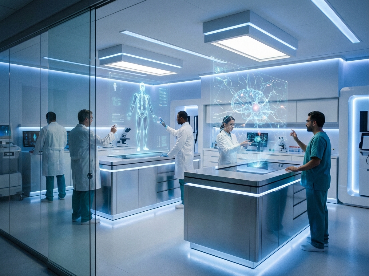 A modern high-tech medical laboratory with holographic displays showing human anatomy and neural networks, professional atmosphere, soft blue and white lighting, clean layout, realistic photography, 4:3 aspect ratio, no text