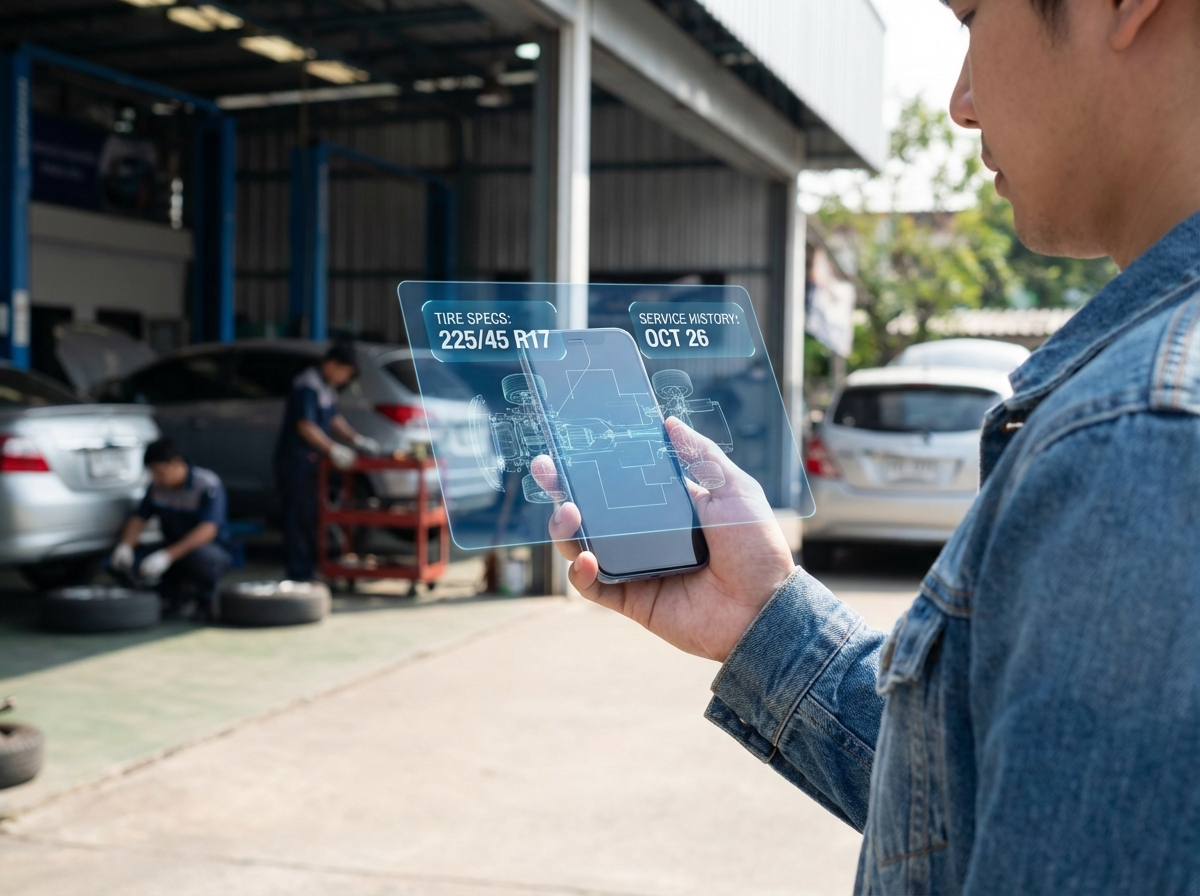 A person at a car repair shop looking at a smartphone displaying a detailed car parts analysis. Digital overlay showing tire specifications and service history. Photorealistic lifestyle photography, 4:3 aspect ratio, natural outdoor lighting, no text.