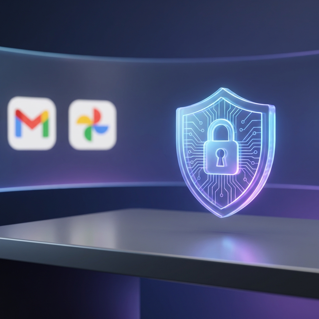 A visual representation of data privacy with a glowing shield icon integrated into a clean digital workspace. Soft focus on background elements of apps like Gmail and Photos. Modern gradient background, high contrast, 1:1 aspect ratio, no text.