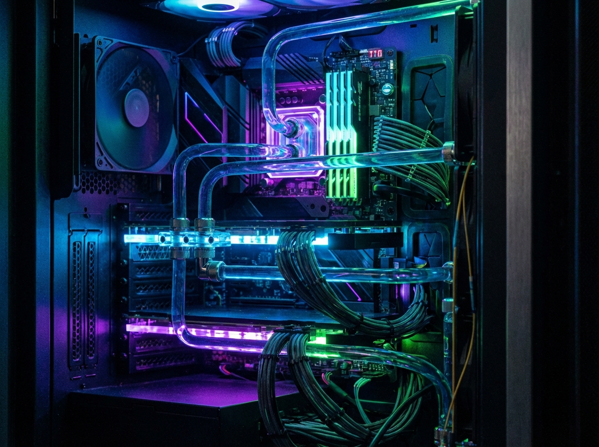 Close-up of high-tech AI server racks in a dark data center, neon cooling lights, complex wiring, professional photography, realistic texture, no text, 4:3 aspect ratio