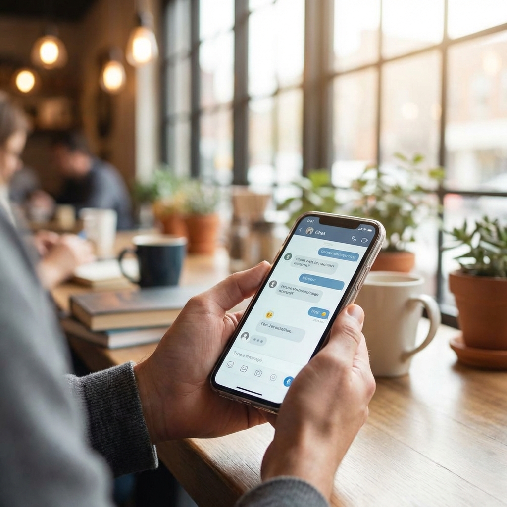 A person using a smartphone in a cozy cafe, natural morning light, lifestyle photography, focus on the phone screen with a chat interface, 1:1, no text